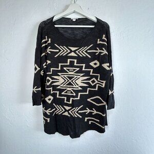 J. Jill Womens Black & Beige Aztec Knit Sweater Large Linen Blend 3/4 Sleeve